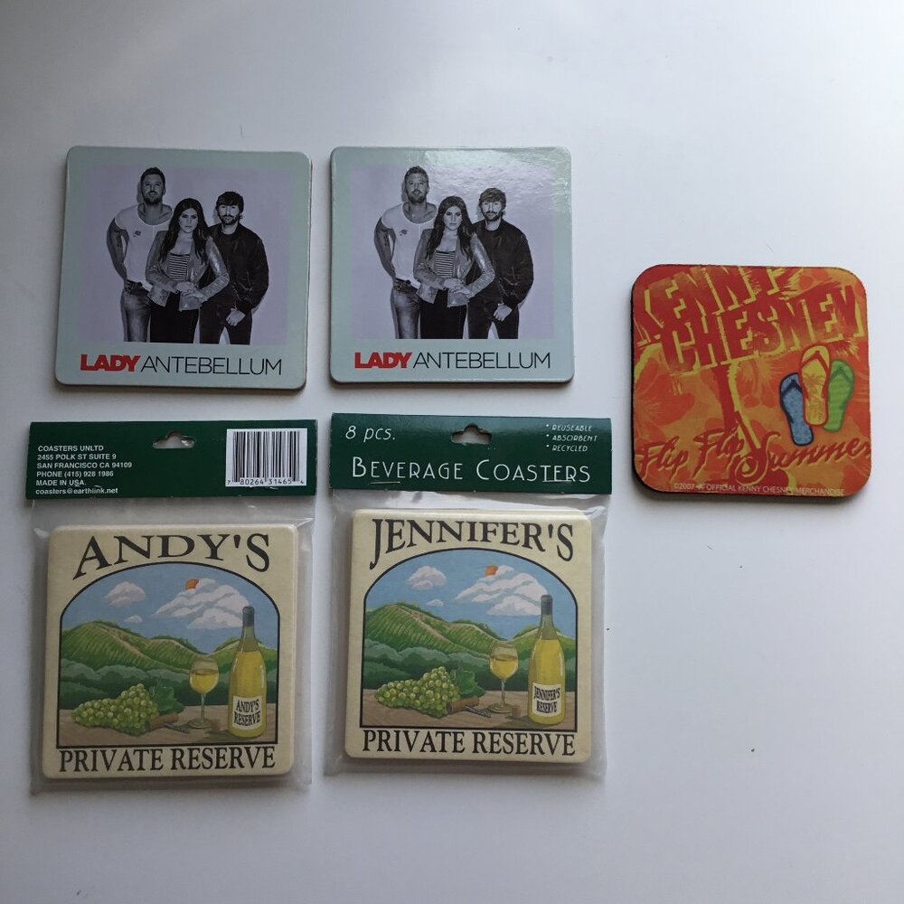 Coasters Assorted set- Lady Antebellum, Andy's Private Reserve, Kenny Chesney